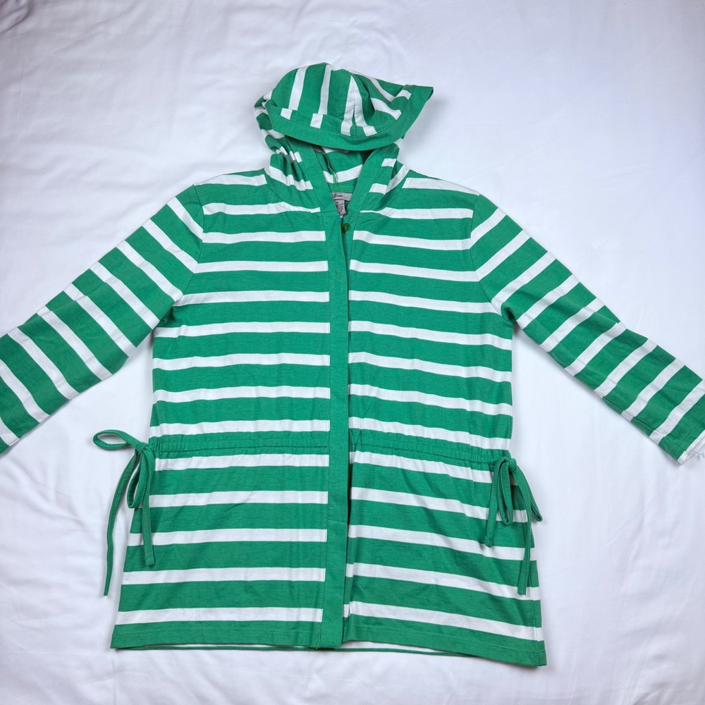 IB Diffusion Green White Striped Hooded Cardigan Drawstring Waist Womens Medium